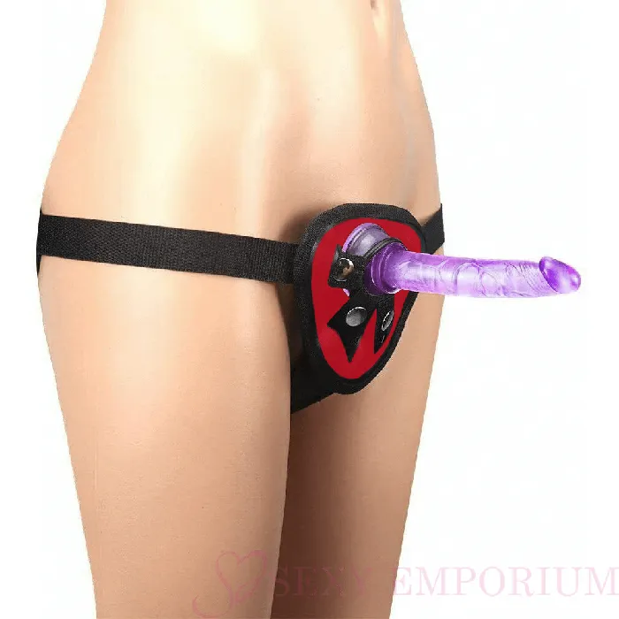 Universal StrapOns Female Sex Toys Purple Anal Starter StrapOn Dildo with Red Harness