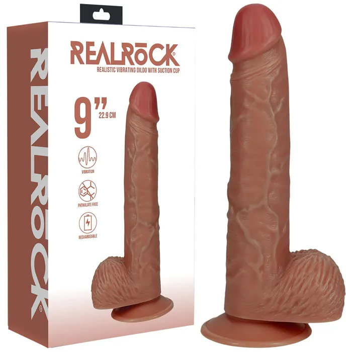 REALROCK 23cm Vibrating Cock with Balls Tan ShhhWndsr Female Sex Toys