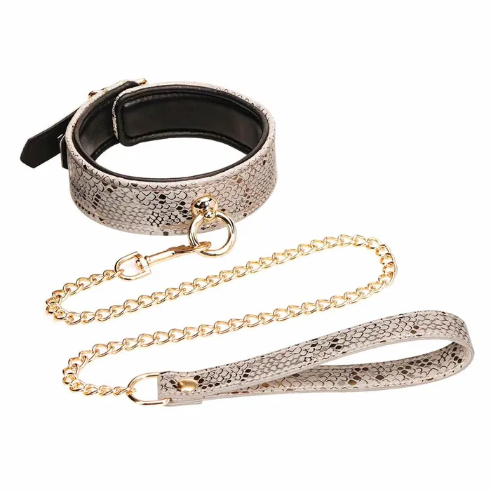 Restraints Fairvillacom MICROFIBER SNAKE PRINT COLLAR LEASH WHITE W LEATHER LINING