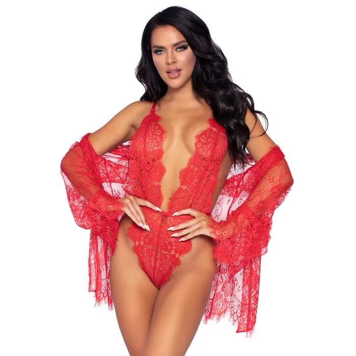 Leg Avenue Lingerie Vibrators Leg Avenue Floral Lace Teddy and Robe Red
