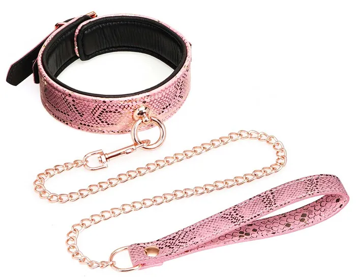 Vibrators Spartacus Leather Spartacus Pink Snake Print Collar Leash w Leather Lining